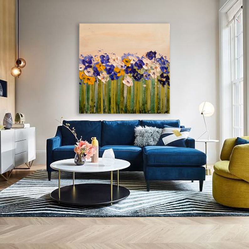 Extra Large Wall Art Navy Flower Impasto Oversized Blue Canvas Etsy