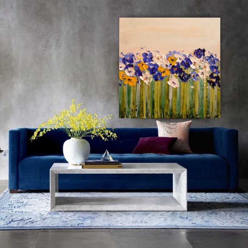 Extra Large Wall Art Navy Flower Impasto Oversized Blue Canvas Etsy