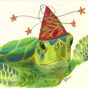 Sea Turtle Green Striped Hat Party Birthday Print On Canvas Etsy