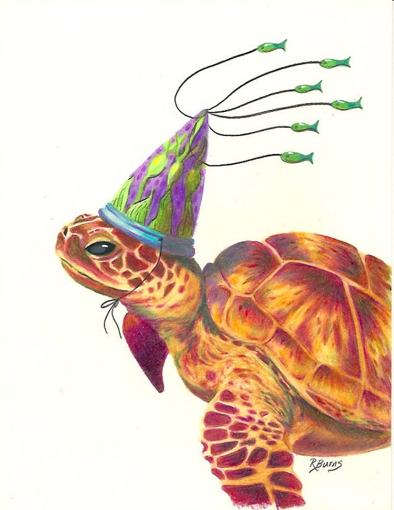Sea Turtle Green With Sea Kelp Hat Party Birthday Print On Etsy
