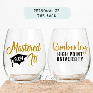 Mastered it wineglass.  A graduation gift for someone special who finally received their Masters Degree.  You can customize it with the school colors, and even personalize it with their name.  Pair it with a bottle of wine and you are all set.