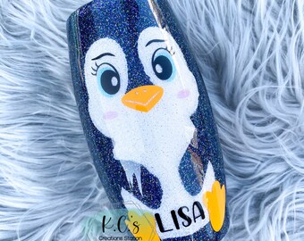 Penguin glitter tumbler, penguin lovers gift, cute penguins,   believe in Christmas tumbler, glitter Christmas tumbler, holly and snowflakes