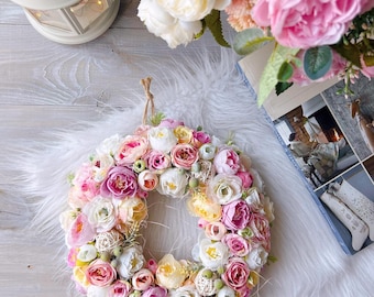 Pink Floral Wreath, Shabby Chic Cottagecore Decor (10 inch)