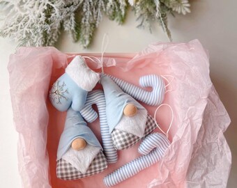 Handmade Scandinavian Christmas Ornament Set – Blue Gnomes, Candy Canes & Mitten