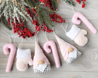 Handmade Pink Christmas Ornaments Set: Gnome, Mitten, Candy Cane Baubles