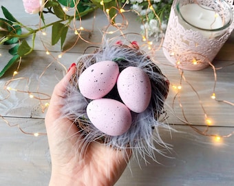 Easter nest Decorative bird's nest with pink eggs 3.7"