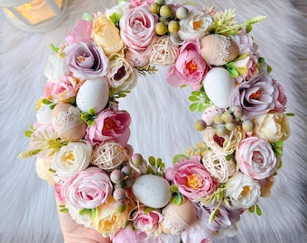 Floral Easter Wreath, Pink & Purple Spring Home Decor (9.5")