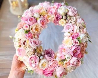 Pink Flower Candlestick Wreath, 10" Summer Foyer Decor