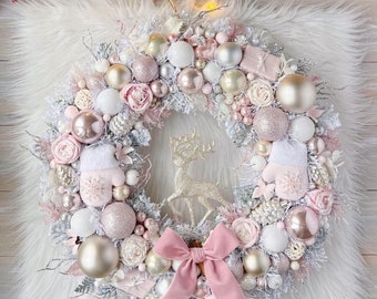 Handmade Pink & Gold Christmas Wreath, Winter Holiday Decor