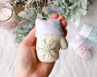 Сream Mini Mitten Ornament Snowflake Ornament Christmas present Christmas tree decorations Textile Christmas Bauble Secret santa gift