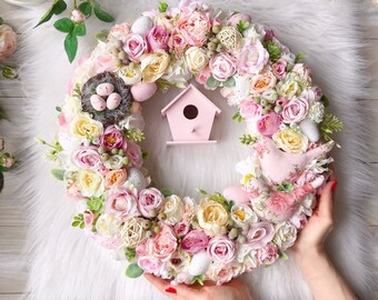 Elegant Pink Easter Wreath 15,7" Front Door Spring Wreath Pink Foyer Wreaths Home Decor Easter Egg Wreath 40 cm