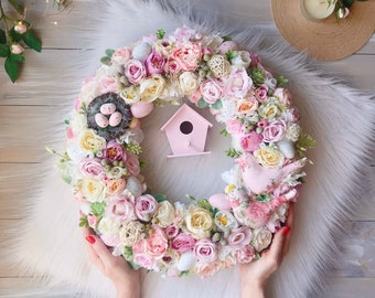 Pink Easter Wreath 15,7" Elegant Spring Wreath Front Door Wreath Home Decor 40 cm