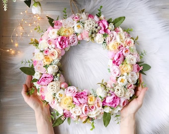 Pink flower wreath Summer Wreath 15" Spring wreath Pink Foyer Wreaths Home decore Front door