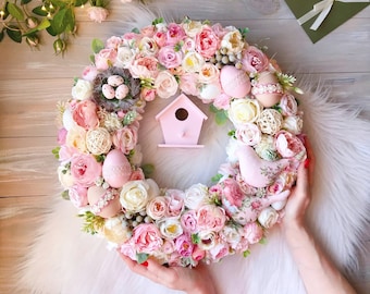Luxury Pink Easter Wreath 15,7" Front Door Spring Wreath Pink Foyer Wreaths Home Decor Easter Egg Wreath 40 cm