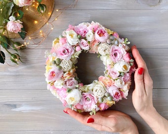 Mini Flower wreath Candlestick wreath Small summer Wreath 7,8" Table Wreath Spring wreath Pink Foyer Wreaths Home decore Wreath on the table