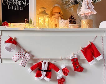 Santa's laundry garland, Christmas mini clothesline, Santa clothes, Christmas holiday garland, Red Christmas decorations, Fireplace garland.