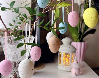 Hanging Eggs Set of 12, Spring Tree Decorations, Speckled Easter Egg Ornaments, Pastel Egg Ornaments, Handmade Ribbon Hangers, Easter Decor