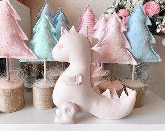 Handmade Pink Dinosaur Toy – Linen Stuffed Animal, Soft Rag Doll, Dino Plush for Girls, Nursery Decor, Cute Gift for Baby or Toddler