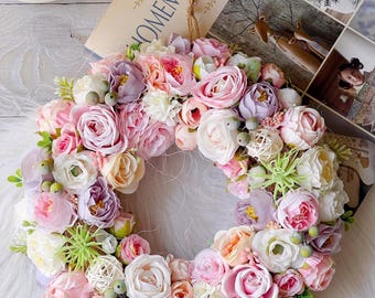 Purple Flower Wreath, Summer Floral Decor, 10.5"