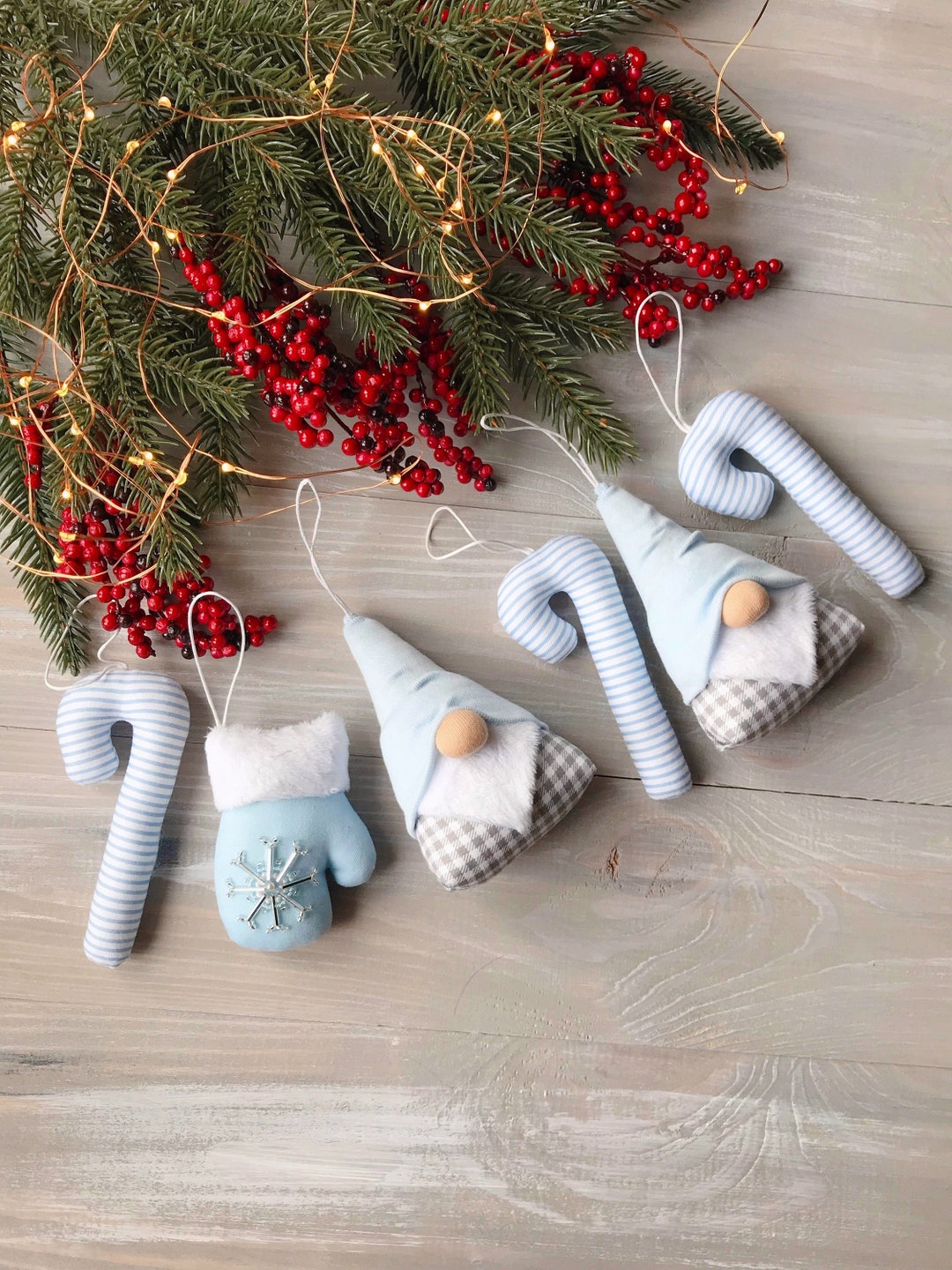Blue Christmas Tree Ornaments Set 6 Mitten Candy Cane and Etsy