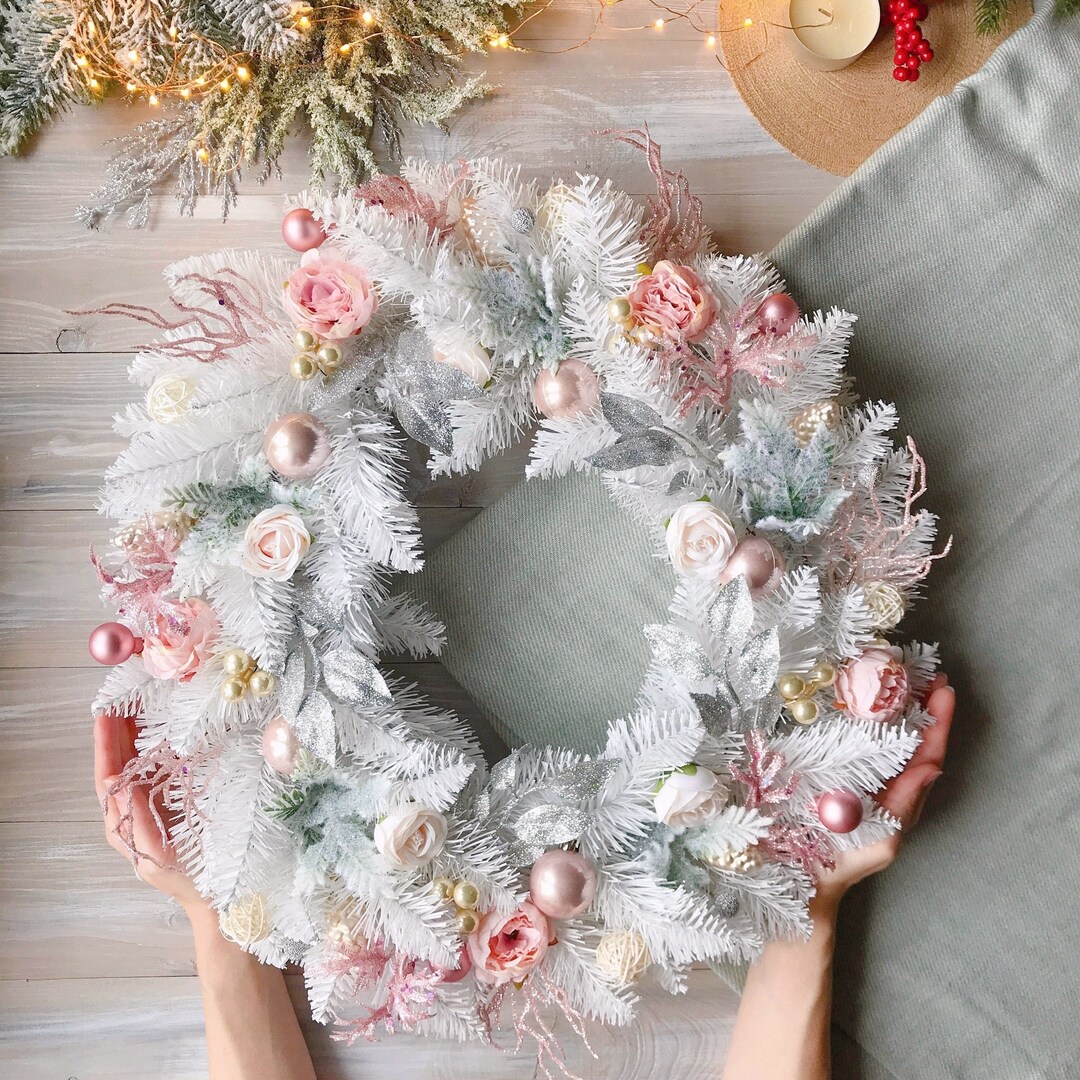 Elegant Christmas Wreath White Christmas Wreath 20" Gold Pink Winter ...