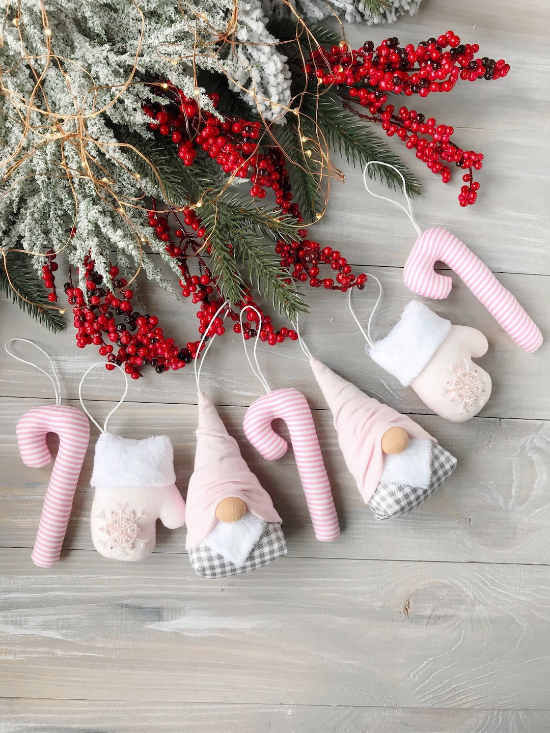 Pink Christmas Tree Ornaments Set 7 Mitten Candy Cane and Etsy