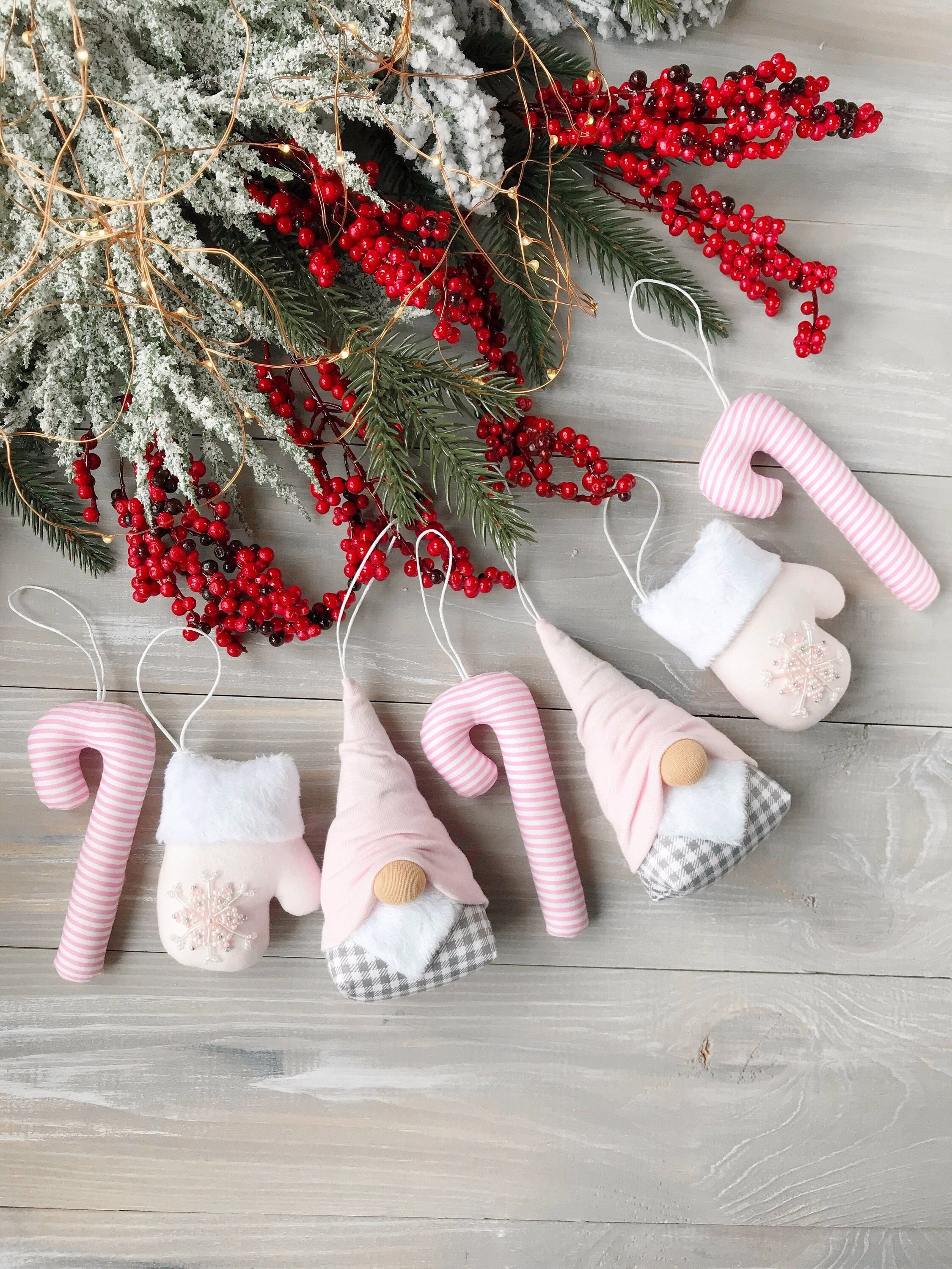 Handmade Pink Christmas Ornaments Set: Gnome, Mitten, Candy Cane