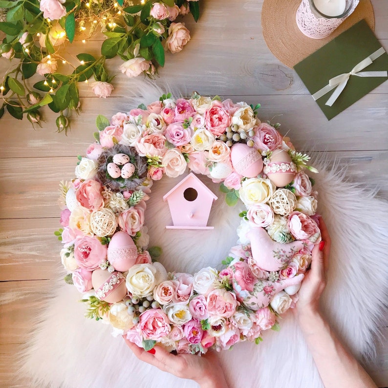 Luxury Pink Easter Wreath 15,7 Front Door Spring Wreath Pink Foyer Wreaths Home Decor Easter Egg Wreath 40 cm image 1