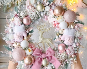 Luxury Christmas wreath 13.7" Pink Christmas Wreath Gold Pink Winter Decor Front Door Wreath Christmas Gift Festive Decor Christmas decor