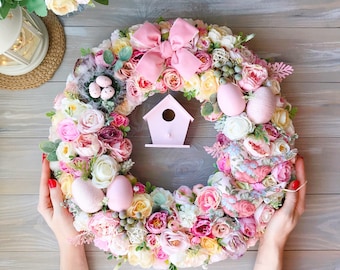 Luxury Pink Easter Wreath 15,7" Front Door Spring Wreath Pink Foyer Wreaths Home Decor Easter Egg Wreath 40 cm