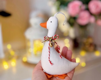 Christmas Goose Ornament, Linen Stuffed Goose Toy, Small Animal Plush, Holiday Decor & Gift