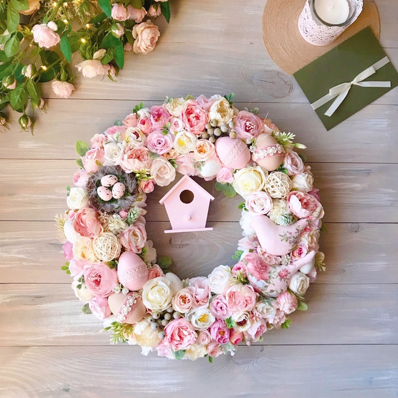 Luxury Pink Easter Wreath 15,7 Front Door Spring Wreath Pink Foyer Wreaths Home Decor Easter Egg Wreath 40 cm image 3