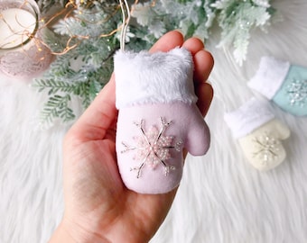 Pink Mini Mitten Ornament – Christmas Tree Decoration with Snowflake – Handmade Fabric Holiday Gift