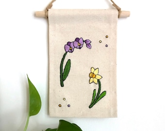 Floral Wall Hanging, Embroidered Flower Wall Decor, Floral Wall Art, Botanical Embroidery, Colorful Sewn Art, Plant Embroidery, Nature Art