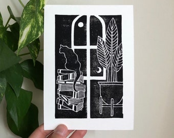 Cat and Books Diptych Block Print, Cat Wall Art, Celestial Decor, Sun and Moon Print, Moon Art, Plant Print, Book Lover Gifts, Plant People
