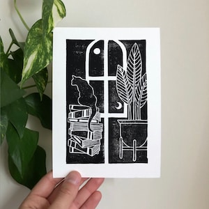 Gato y libros Diptych Block Print, Cat Wall Art, Decoración celestial, Sun and Moon Print, Moon Art, Plant Print, Book Lover Gifts, Plant People imagen 1