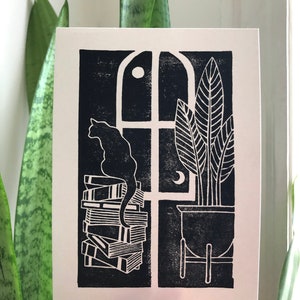 Gato y libros Diptych Block Print, Cat Wall Art, Decoración celestial, Sun and Moon Print, Moon Art, Plant Print, Book Lover Gifts, Plant People imagen 9