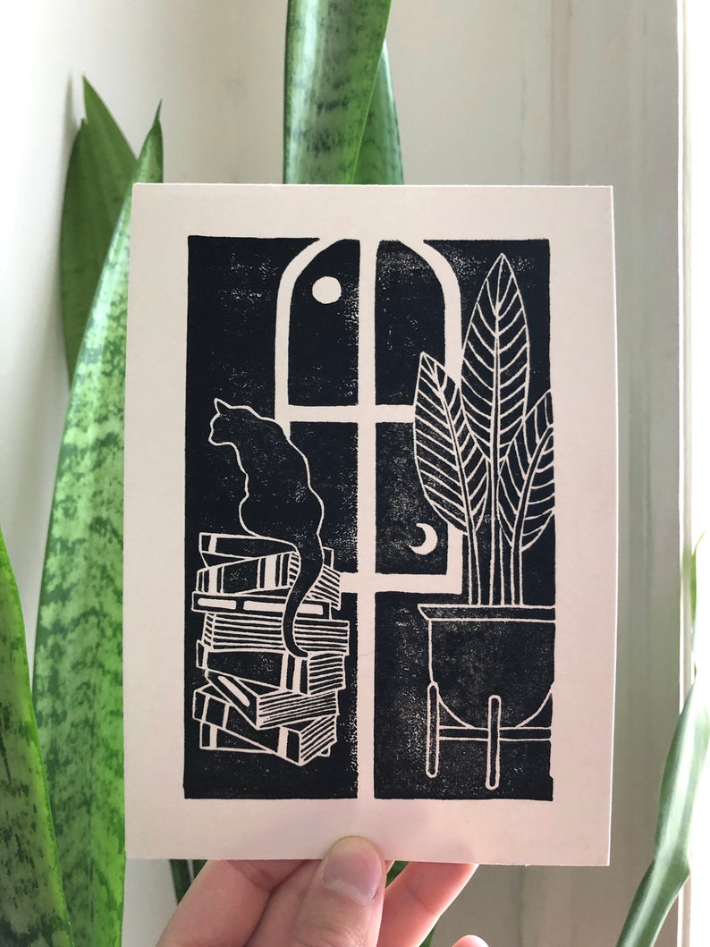 Gato y libros Diptych Block Print, Cat Wall Art, Decoración celestial, Sun and Moon Print, Moon Art, Plant Print, Book Lover Gifts, Plant People imagen 9