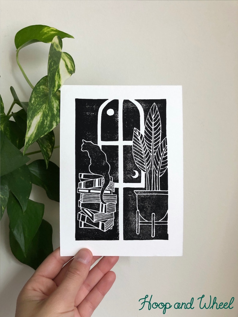 Gato y libros Diptych Block Print, Cat Wall Art, Decoración celestial, Sun and Moon Print, Moon Art, Plant Print, Book Lover Gifts, Plant People imagen 1