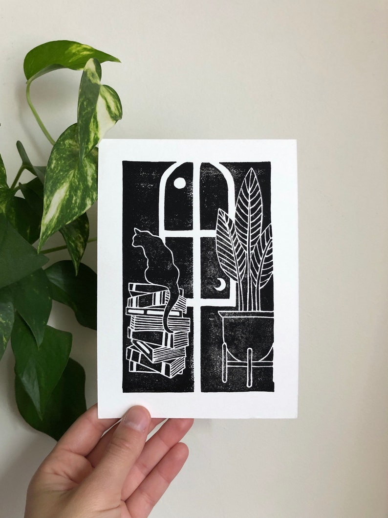 Gato y libros Diptych Block Print, Cat Wall Art, Decoración celestial, Sun and Moon Print, Moon Art, Plant Print, Book Lover Gifts, Plant People imagen 10