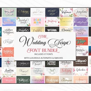 May include: A collection of 57 wedding script fonts in a colorful grid. The fonts are displayed in various styles and sizes, with each font name listed below it. The text "The Wedding Script Font Bundle" is displayed in a large, decorative font at the top of the grid.