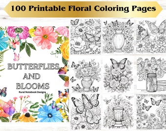100 Printable Flower and Butterfly Coloring Pages (Digital Download)