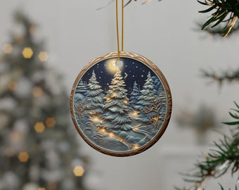 Winter Scene Christmas Tree Ceramic Ornament: 2024 Keepsake