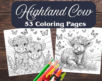 Highland Cow Coloring Pages, 53 Designs (Digital Download)