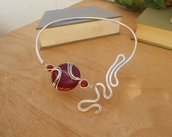 Aluminum cuff necklace Silver wire necklace Asymmetric necklace Dark red choker necklace Handmade necklace Fashion necklace Modern necklace