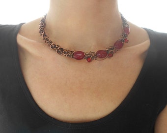 Choker cuff necklace Wire wrapped necklace Unique boho necklace Neck ring necklace Antique modern necklace Dark red necklace Copper necklace