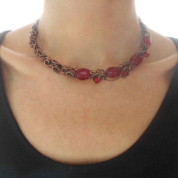 Choker cuff necklace Wire wrapped necklace Unique boho necklace Neck ring necklace Antique modern necklace Dark red necklace Copper necklace