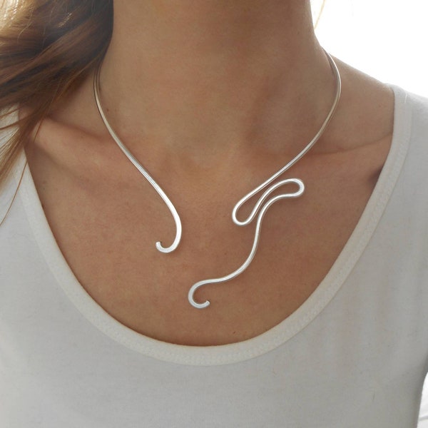 Asymmetric necklace - Aluminum jewelry - Unusual necklace - Long choker - Open collar necklace - Silver wire necklace - Abstract necklace