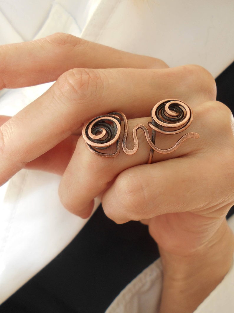 Open wire ring Copper boho ring Wire wrap ring Artisan ring Unique long ring Statement wrapped ring Original ring Spiral ring Cool ring
