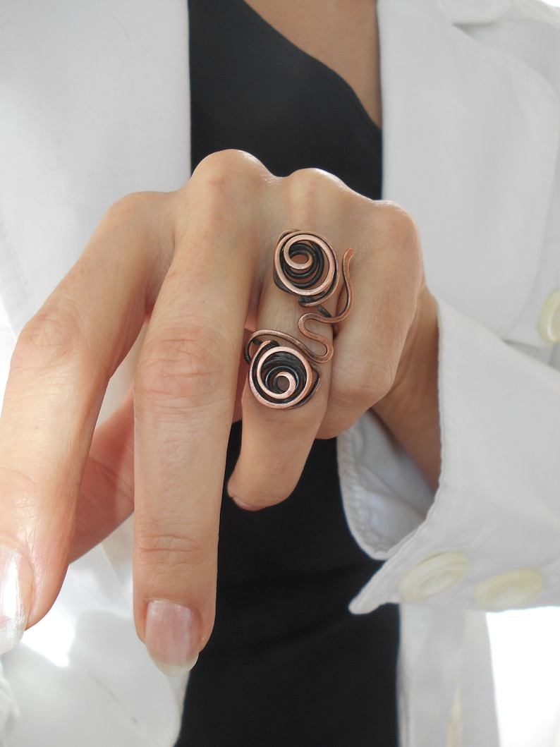 Open wire ring Copper boho ring Wire wrap ring Artisan ring Unique long ring Statement wrapped ring Original ring Spiral ring Cool ring